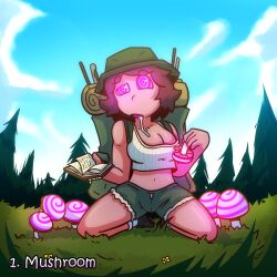  backpack book breasts brown_hair brushie_art cleavage clothed complex_background crop_top drool female_only femsub forest glowing glowing_eyes hat hypnotic_food hypnotic_plant hypnovember kneeling midriff mushroom navel open_mouth original outdoors pink_eyes ring_eyes short_hair shorts solo spiral spread_legs text trees 
