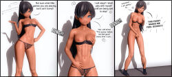  3d abs absurdres arms_behind_back ass bare_legs before_and_after black_eyes black_hair boots bra breast_grab breasts crotch_cutout dialogue dress female_only femsub hand_on_hip koikatsu_sunshine! lingerie long_hair navel panties simple_background solo speech_bubble spiral standing tagme tan_skin text unaware underwear undressing white_background xanamind 