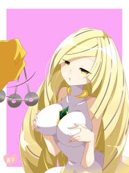  absurdres blonde_hair breast_grab breasts drool erect_nipples expressionless female_only femsub groping holding_breasts hypno large_breasts long_hair lusamine makoinaow milf nintendo pendulum pokemon pokemon_(creature) pokemon_sun_and_moon simple_background spiral_eyes symbol_in_eyes 