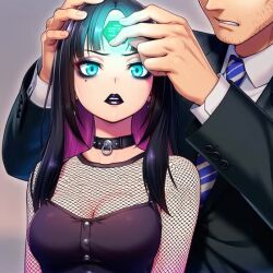 ai_art ai_voice black_hair black_lipstick bra choker empty_eyes exposed_chest expressionless eyeshadow femsub fishnets glowing_eyes goth hellsing002_(generator) instant_loss maledom microchip video