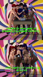 3d animal_ears blue_hair breasts brown_hair caption cleavage collar comic dark_skin dazed dialogue erect_nipples evil_smile expressionless fake_animal_ears femsub gloves groping happy_trance high_heels hypno-tato hypnotic_eyes knee-high_boots large_breasts latex legs leotard lipstick looking_at_viewer maledom midriff multiple_girls nail_polish nipples nude original pendulum pocket_watch purple_hair red_hair red_lipstick short_hair smile spiral_eyes standing text underwear