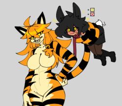  abs ahoge animal_ears bell black_hair blush boots breasts bunny_boy bunny_ears coils fangs femdom furry grey_background happy_trance large_breasts long_hair malesub nude open_mouth orange_hair original sascha_(hypnofood) scarf short_hair simple_background spiral sweat tail tan_skin tiger_girl woot woot_(woot) yellow_eyes 