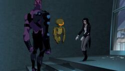 black_hair bow_tie cleavage dc_comics expressionless femsub gloves high_heels long_hair magician screenshot standing standing_at_attention super_hero young_justice zatanna_zatara