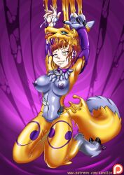  arms_above_head black_sclera bodysuit brain_injection breasts collar digimon discolored_nipples erect_nipples eye_roll femsub furry happy_trance kandlin kneeling large_breasts non-human_feet ponytail possession red_hair renamon rika_nonaka short_hair slime tongue tongue_out 