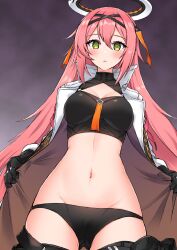 blush breasts cameltoe cleavage_cutout coat counter_side crop_top empty_eyes expressionless female_only femsub gloves green_eyes hair_ornament halo long_hair looking_at_viewer losvje1024 navel open_clothes open_mouth panties pink_hair skirt solo yuna_springfield