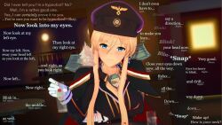 3d azur_lane bismarck_(azur_lane) blonde_hair blue_eyes breasts caption cleavage cloak dialogue drinking english_text femdom fur_coat gloves huge_breasts hypnotic_eyes koikatsu! looking_at_viewer manip military_hat military_uniform pov pov_sub robespierre_(manipper) text very_long_hair