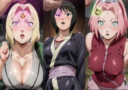    ai_art black_hair blonde_hair cleavage clothed dazed empty_eyes female_only femsub naruto_(series) nipples open_mouth pendulum pink_hair sakura_haruno shizune spiral_eyes sweat tsunade 