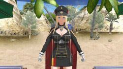 3d airmotor animated animated_gif azur_lane beach bismarck_(azur_lane) blonde_hair blue_eyes breasts cape cleavage cleavage_cutout clothed cuffs empty_eyes female_only femsub gloves hat huge_breasts long_hair military_hat military_uniform mmd saluting short_skirt skirt standing standing_at_attention thigh_boots