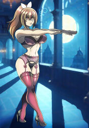  absurdres bangs brown_eyes brown_hair bubble cleavage expressionless female_only femsub garter_belt garter_straps hair_ornament high_heels i_hate_getting_hurt_so_i_put_all_my_skill_points_into_defense lingerie long_hair navel night open_mouth panties ponytail ribbon shiramine_risa solo standing thighhighs underwear zombie_walk zorro-zero 