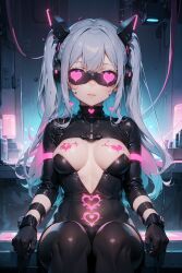 ai_art blue_eyes blue_hair cables crotch_tattoo cuffs dead_source expressionless female_only femsub gloves harness headphones heart_tattoo long_hair ppgandginnet rubber sitting solo tattoo tech_control twintails underboob visor wires