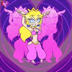  bare_shoulders blonde_hair blue_eyes bracelet cleavage clone crown dancer dancing earrings eyebrows_visible_through_hair eyelashes femdom harem_outfit heart hypnoscream hypnotic_dance large_breasts long_hair looking_at_viewer midriff navel nintendo pov_sub princess princess_peach ring_background shiny_hair smile solo spiralwash_eyes story super_mario_bros. wide_hips 