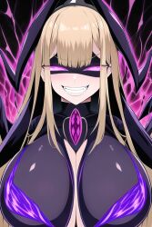  ai_art alternate_costume aura blonde_hair evil_smile face_mask female_only femsub glowing glowing_eyes heavy_eyelids huge_breasts jewelry long_hair looking_at_viewer marin_kitagawa my_dress-up_darling novelai_(ai) pink_eyes smile solo son_youngkyu_(generator) veil 
