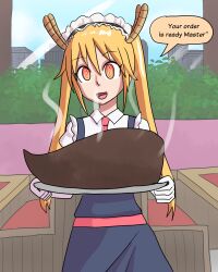 blonde_hair dialogue female_only femsub food happy_trance horns humor long_hair maid maid_headdress maledom miss_kobayashi&#039;s_dragon_maid mythkaz open_mouth red_eyes smile solo speech_bubble spiral_eyes standing symbol_in_eyes text tie tohru_(maidragon) tray twintails yellow_eyes