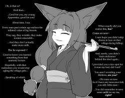 animal_ears black_background caption caption_only closed_eyes english_text eyebrows_visible_through_hair femdom fox_ears fox_girl kimono long_hair malesub monochrome pov pov_sub sakifox simple_background small_breasts smile smoking stewarone_(manipper) text 