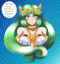  bare_shoulders breasts circlet clothed coilsandroses collarbone dialogue female_only femdom goddess green_eyes green_hair hair_ornament hypnotic_hair jewelry kid_icarus large_breasts long_hair necklace nintendo palutena pov_sub simple_background smile solo speech_bubble spiral spiral_background 