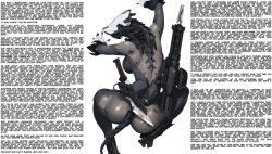 absurdres all_fours ass bagchief_(manipper) barcode breasts caption caption_only corruption femsub grey_skin large_ass large_breasts latex manip original prostitution robot_girl robotization self_hypnosis tail tech_control text trial_typekof weapon white_background