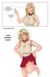  absurdres before_and_after blonde_hair breasts chicken_pose crossed_eyes denial dialogue female_only femsub large_breasts mary_(tomo86) open_mouth original pet_play text tomo86 