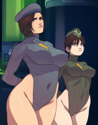  arms_behind_back beret breasts brown_hair capcom corruption female_only femsub jill_valentine leotard msperoni multiple_girls rebecca_chambers resident_evil shadaloo_dolls short_hair standing standing_at_attention street_fighter 