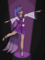  absurdres ballerina blitz_(sleepylunahypno) blue_hair clothed dancing drool empty_eyes esbypno glasses kitsune_girl non-binary non-binary_sub open_mouth original pink_eyes ponytail standing tan_skin 