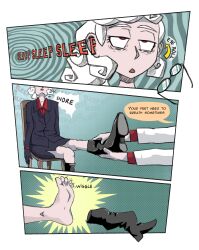  curly_hair demon demon_girl english_text eye_roll feet femsub foot_focus glatu helltaker light_skin maledom office_lady open_mouth pale_skin pandemonica_(helltaker) pendulum ponytail red_eyes short_hair simple_background sleep_command sleeping snoring speech_bubble white_hair 