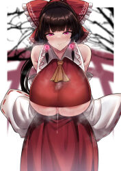  absurdres after_sex blush border bow breasts breath brown_hair cum cum_on_breasts dress earrings eyeshadow female_only femsub glowing glowing_eyes hair_ornament hair_ribbon huge_breasts hypnotic_accessory jewelry long_hair looking_at_viewer makeup nipples open_mouth oral outdoors paizuri panties pubic_hair reimu_hakurei ribbon see-through shrine_maiden sinkai smile solo stray_pubes tight_clothing touhou underboob underwear 