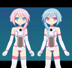 before_and_after blue_hair bodysuit deadbeet female_only hyperdimension_neptunia open_mouth pink_hair ram_(hyperdimension_neptunia) rom_(hyperdimension_neptunia) short_hair white_sister_(ram) white_sister_(rom)