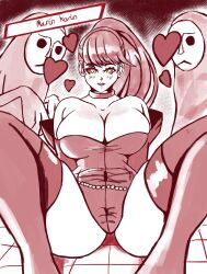  absurdres breasts cleavage female_only femsub foolycooly happy_trance heart heart_eyes large_breasts leotard long_hair magic monochrome persona_(series) persona_5 persona_5_royal ponytail red_hair smile sumire_yoshizawa symbol_in_eyes thighhighs 