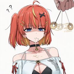 ai_art bare_shoulders blue_eyes character_request cleavage collar collarbone confused cum cum_in_mouth empty_eyes expressionless femsub maledom multicolored_hair orange_hair pendulum pov pov_dom rqxy_(generator) short_hair side_ponytail simple_background snowbreak white_background yellow_eyes