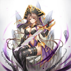 alternate_costume aura bare_shoulders breasts brown_hair cleavage corruption earrings eye_color_change female_only femsub happy_trance hat hellma123 jewelry langrisser large_breasts long_hair looking_at_viewer midriff navel red_eyes simple_background sitting smile solo sword thighhighs thighs torn_clothes weapon white_background yulia_(langrisser)