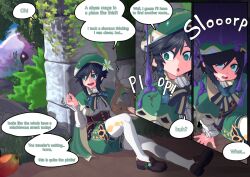 aware black_hair braid clothed dialogue english_text genshin_impact green_eyes not-my-business short_hair slime sweat text venti_(genshin_impact)