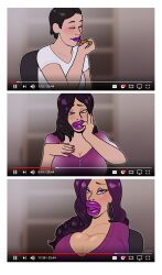 absurdres before_and_after bimbofication black_hair blackshirtboy blue_eyes breasts camera comic earrings female_only hypnotic_accessory hypnotic_lipstick jewelry large_breasts lip_expansion lipstick nail_polish original purple_hair purple_lipstick solo text transformation