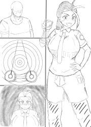 bald blush clothed fat femsub freckles gamomosu maledom nemona_(pokemon) nintendo no_eyes pendulum pokemon pokemon_scarlet_and_violet shorts simple_background sketch spiral spiral_eyes tie white_background