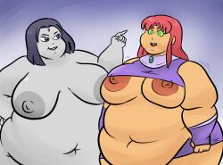 absurdres bbw blue_eyes bottomless breasts dc_comics fat female_only femdom femsub green_eyes green_sclera grey_skin large_breasts lewdsona nipples nude open_mouth purple_hair raven red_hair simple_background smirk ssbbw standing standing_at_attention starfire super_hero teen_titans topless weight_gain