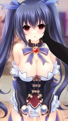  arm_warmers bangs bare_shoulders black_hair breasts cleavage clothed empty_eyes expressionless femsub hair_ribbon hand_on_head hyperdimension_neptunia irori kneeling large_breasts long_hair looking_at_viewer noire open_mouth ponytail pov pov_dom red_eyes ribbon twintails very_long_hair 