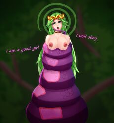  bare_shoulders breasts choker circlet coils dairydrop dialogue drool empty_eyes eye_roll female_only femsub forest goddess good_sub_conditioning green_eyes green_hair jungle kid_icarus lactation large_breasts milk nintendo nipples open_mouth outdoors palutena restrained snake spiral text topless very_long_hair white_skin 