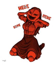 doll doll_joints dollwess female_only femsub kneeling laughing lustea mask original red_dress red_hair resisting text