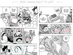  bikini_top blonde_hair bondage breasts choker coils comic dialogue empty_eyes fairy_tail femdom femsub greyscale hypnotic_eyes large_breasts lisanna_strauss lucy_heartfilia monochrome monster_girl naga_girl official resisting right_to_left scales short_hair snake_girl text white_hair 
