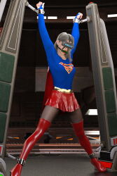 3d arms_above_head ball_gag belt blonde_hair bondage boots cape cuffs daz_studio dc_comics female_only femsub gag lipstick long_hair mndlessentertainment open_mouth restrained skirt solo spread_legs super_hero supergirl tech_control thigh_boots thighhighs visor