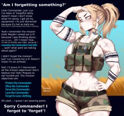 abs altergeist_(manipper) blonde_hair blue_eyes caption caption_only femsub large_breasts maledom manip memory_alteration midriff military_uniform muscle_girl ponytail pov_dom scars tattoo text tonka_kryga