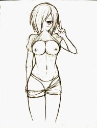 absurdres blush empty_eyes erika_(er-ikaa) femsub greyscale hair_covering_one_eye looking_at_viewer multicolored_hair myuk navel_piercing open_clothes original piercing shirt_lift traditional undressing v