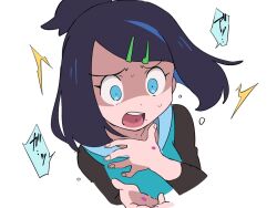 black_hair blue_eyes clothed femsub hair_clips hitsugi_mc liko_(pokemon) nintendo open_mouth pokemon pokemon_(anime) white_background