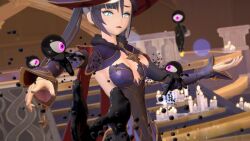  androgynous_dom candle femsub flame genshin_impact green_eyes hat kuromaru long_hair m.u.g.e.n. mona_(genshin_impact) restrained slime symbiote tagme taihou1944 