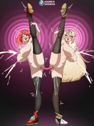  4headboiii cum dildo double_dildo erect_nipples eye_roll femsub lactation large_breasts milk mythra_(xenoblade) nintendo nude open_mouth orgasm pyra_(xenoblade) selfcest sisters spiral_background spread_legs squirting standing_split tights tongue_out xenoblade_chronicles xenoblade_chronicles_2 yuri 