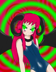  absurdres blush collar demon_girl femdom glowing glowing_eyes green_eyes horns long_hair looking_at_viewer monster_girl one-piece_swimsuit original pov pov_sub red_hair ryukki smile solo spiral succubus swimsuit wings 