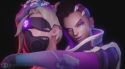  3d animated black_background blonde_hair brown_hair corruption evil_smile eyeshadow female_only femdom femsub gas_mask glitched_desire gloves glowing hand_on_head hypnotic_accessory hypnotic_mask mercy mind_break multiple_girls overwatch simple_background smile sombra_(overwatch) sound symbol tech_control video visor 