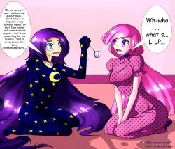 adventure_time attentte dialogue female_only femdom femsub glasses kneeling lunar_princess nightgown open_mouth pajamas pendulum pink_background pink_eyes pink_hair pocket_watch princess_bubblegum purple_eyes purple_hair signature simple_background sleep_command socks speech_bubble spiral_eyes text very_long_hair