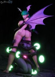  3d absurdres ass_grab barefoot bat_wings bottomless capcom crotch_tattoo cunnilingus darkstalkers dc_comics dochaunt female_only femdom femsub glowing green_eyes green_hair kneeling large_ass large_breasts looking_at_viewer morrigan_aensland nude pussy_juice raven succubus teen_titans tentacles thick_thighs thighs tongue_out watermark wide_hips wings yuri 