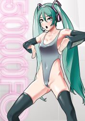  arm_warmers blue_hair breasts cleavage collarbone eyebrows_visible_through_hair female_only femsub grey_eyes haigure hair_ornament headphones microphone miku_hatsune one-piece_swimsuit open_mouth person_of_rom simple_background solo squatting standing swimsuit tattoo thighhighs twintails very_long_hair vocaloid 