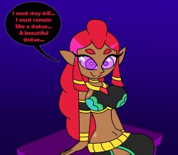 aged_up blue_background breasts breath_of_the_wild clothed dark_skin dialogue english_text eye_color_change female_only femsub gerudo happy_trance hypnoscream makeela_riju midriff navel purple_eyes red_hair simple_background sitting smile solo speech_bubble tears_of_the_kingdom text the_legend_of_zelda very_long_hair