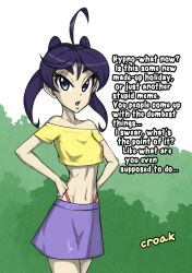  bare_shoulders blue_eyes blue_hair collarbone crop_top denial femsub frog futurama hypnotoad legs long_hair midriff navel open_mouth original outdoors panties short_skirt simple_background sketchwork small_breasts text twintails vikki_(sketchwork) 